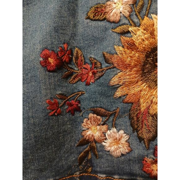 Vntg Embroidered Flare Jeans Sz 9 Blue Sunflower Daisy Acid Boho Festival Gypsy - Picture 8 of 16